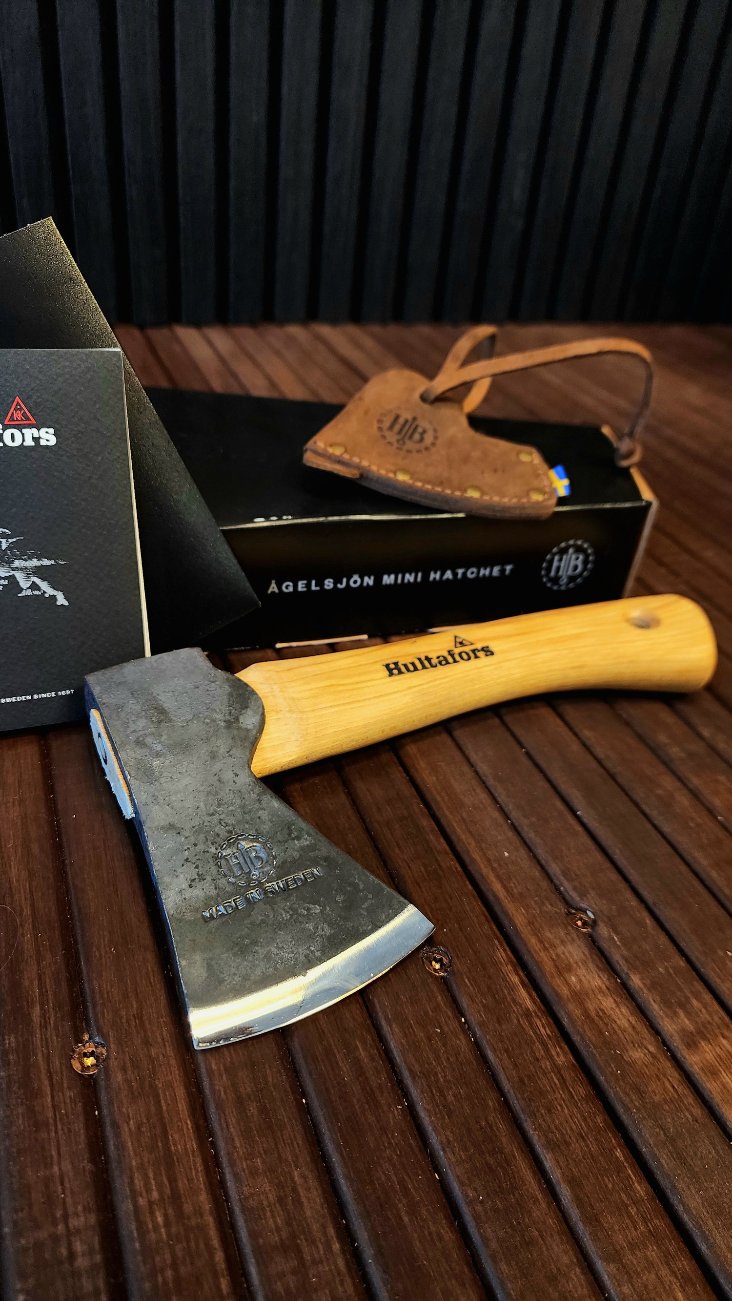 Swedish-forged mini axe with leather sheath and convex edge