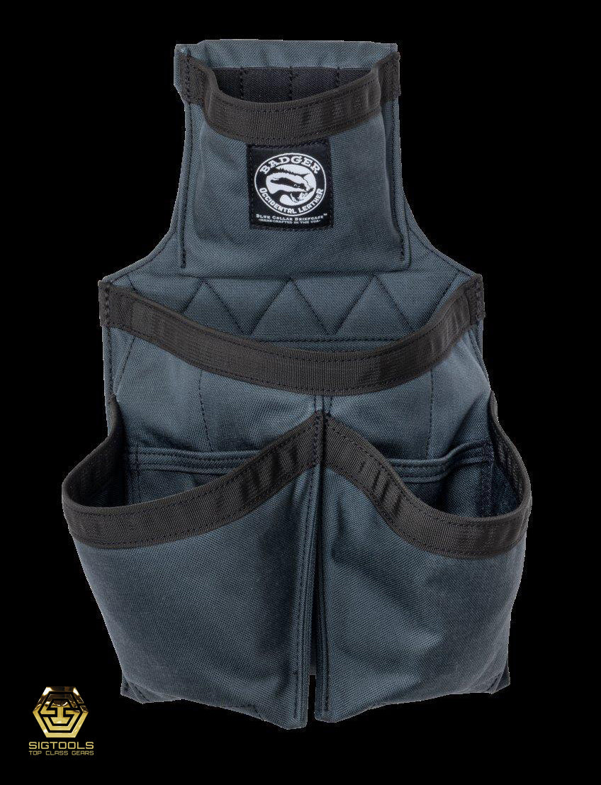 The front view of the Badger Gunmetal Carpenter Fastener Bag, a durable and practical solution for carrying and organizing carpentry tools and fasteners.