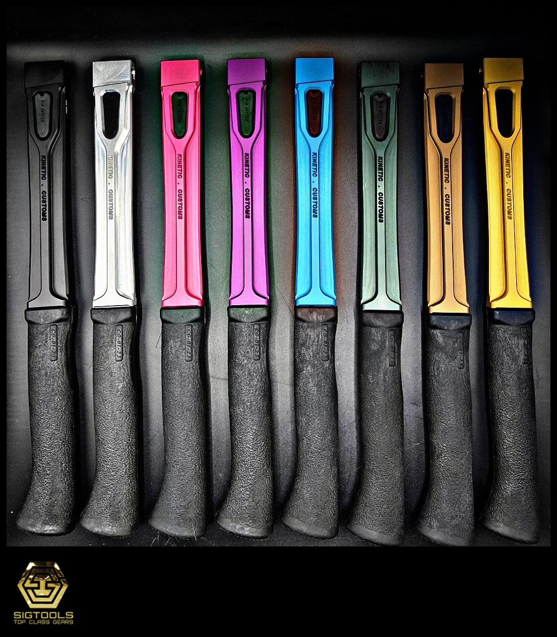 "Hammer handles in eight colors - Build your own Kinetic Customs The Raptor". hammer handle options in multiple colors for customizing your Kinetic Customs The Raptor framing hammer.