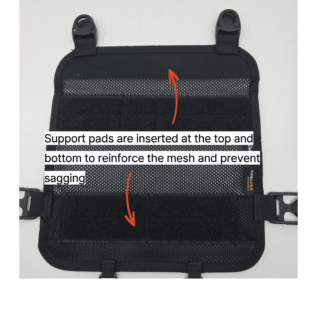 The DURAWORK Dura 104 Mesh Panel shown attached to a tool vest, demonstrating its lightweight and flexible fit.