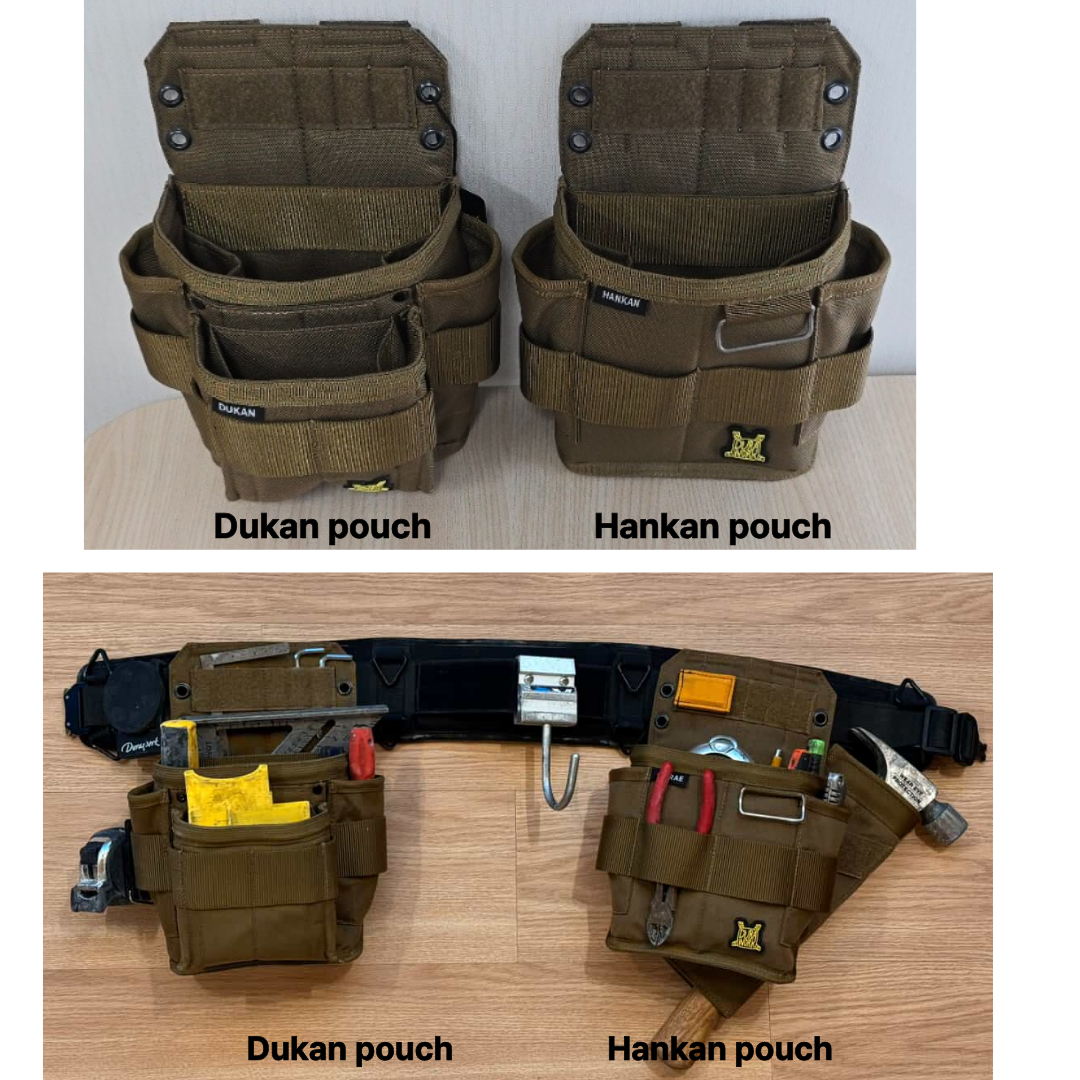 A close-up of the front-facing titanium wire on the HANKAN pouch, designed for hanging drills or other tools.