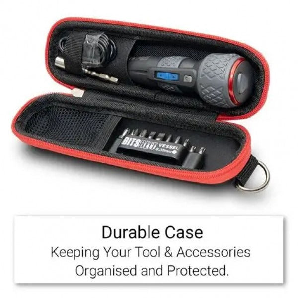 A professional electrician using the Vessel 220USB-P11EB-S 3-speed electric screwdriver to manually tighten a fastener, utilizing its 12 N.m manual torque capacity.