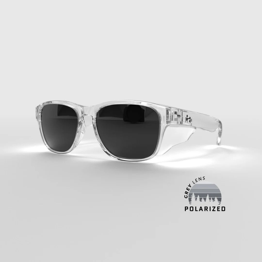Hyspecs Serie ICON transparente con lente polarizada gris y protectores laterales