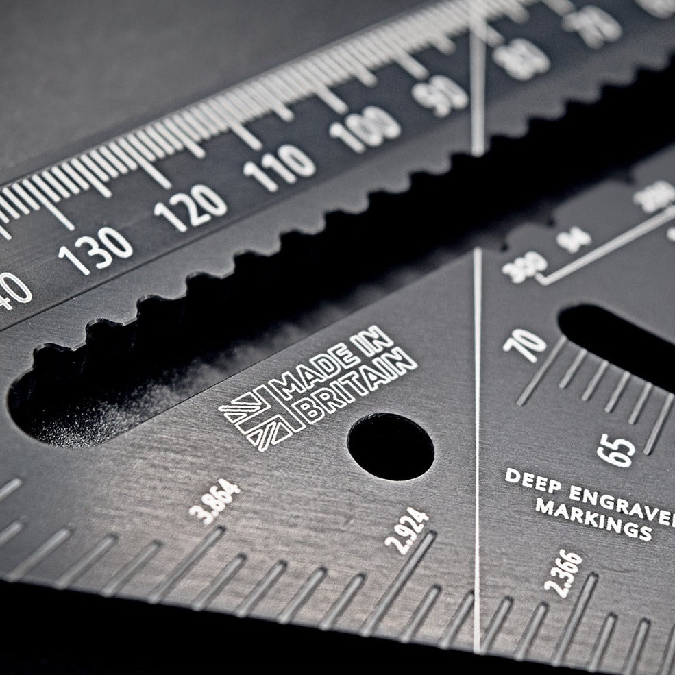 Close-up of laser-marked ruler on RSA180 Adjustable Rafter Square