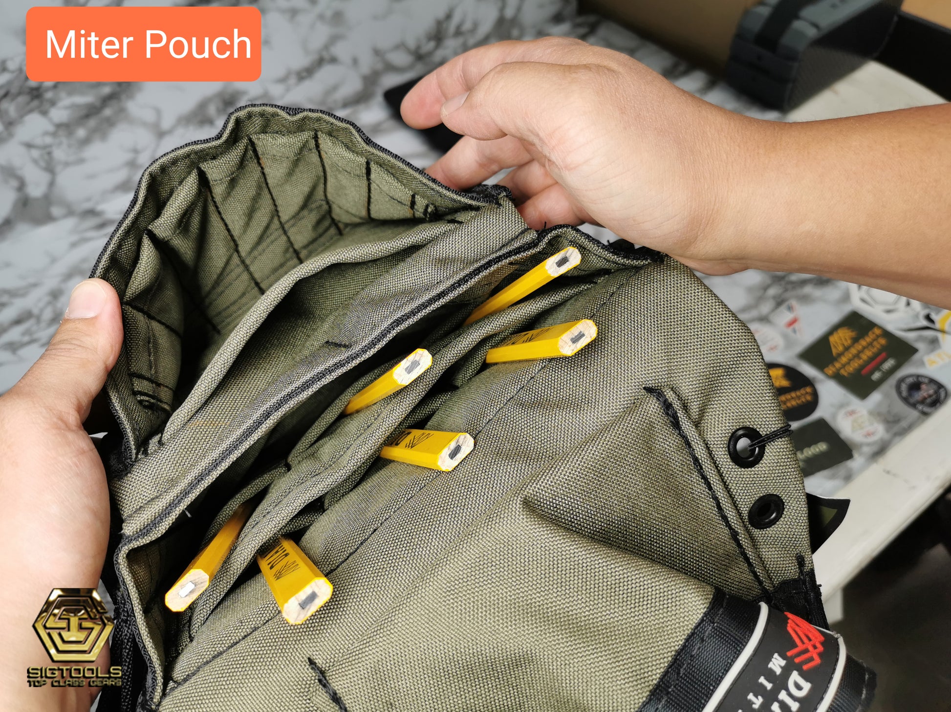 "Diamondback Miter Pouch Loaded with Pencil - Top View"