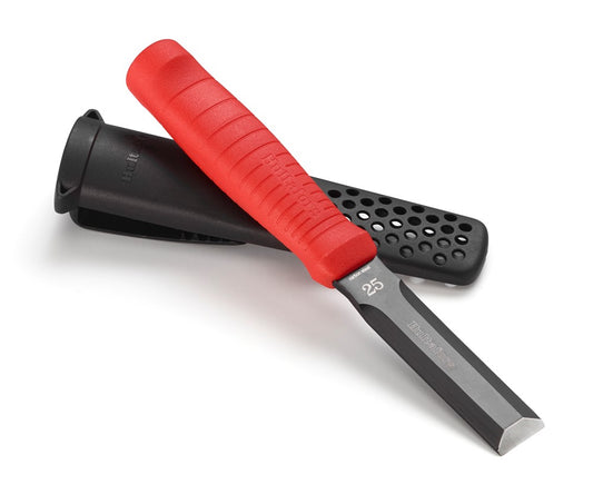 Discover the Top Carbon Steel Chisel by Hultafors Group: Featuring a Red Grip and Black Sheath for Enhanced Safety