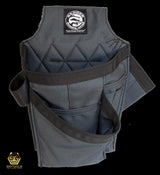 The Front view of the Gunmetal Trimmer Tool Bag, designed for carrying and organising tools and accessories, often used by professionals in trades such as construction and carpentry.