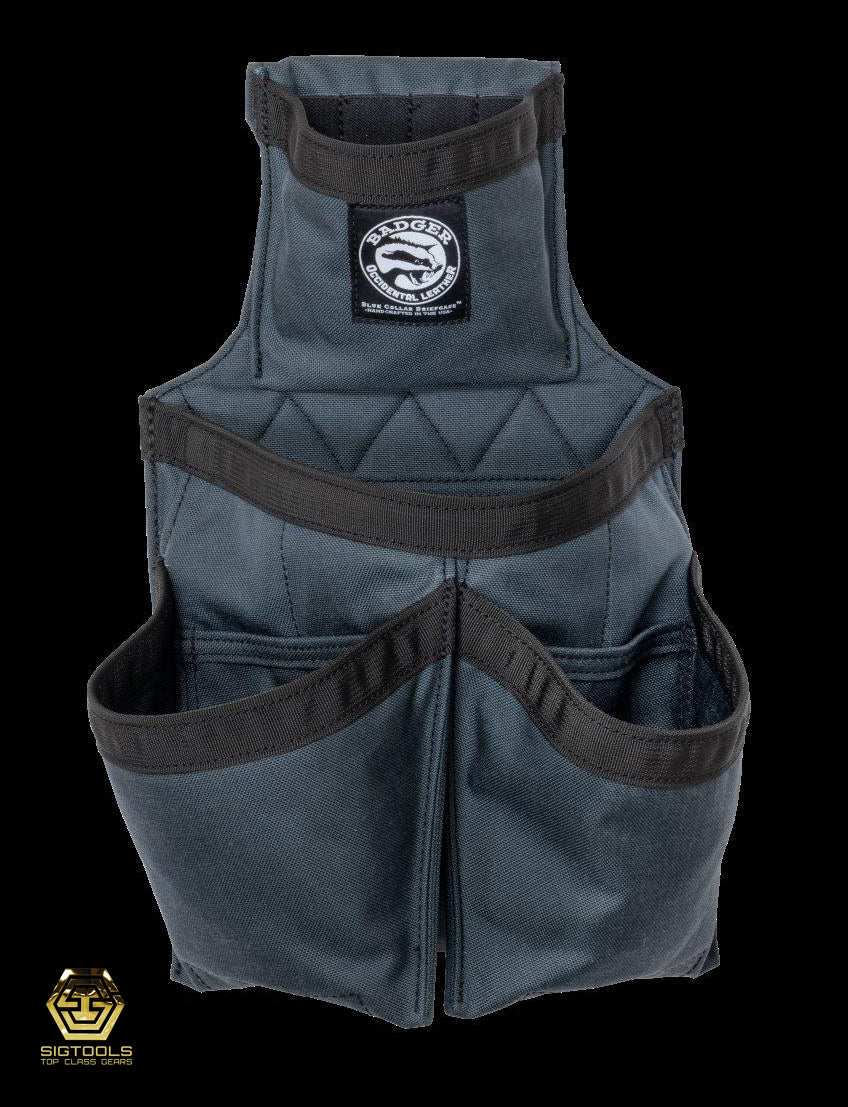 The front view of the Badger Gunmetal Carpenter Fastener Bag, designed for carpentry professionals to conveniently store and access their fasteners and tools.