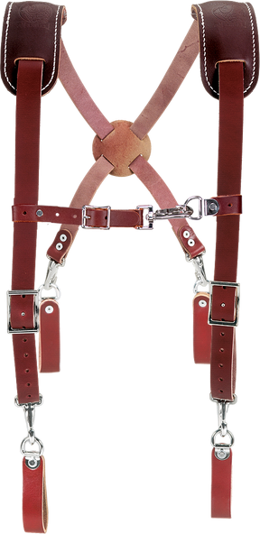 A pair of Occidental Leather Leather Work Suspenders (Style 5000), showcasing the hand-crafted premium bridle leather.