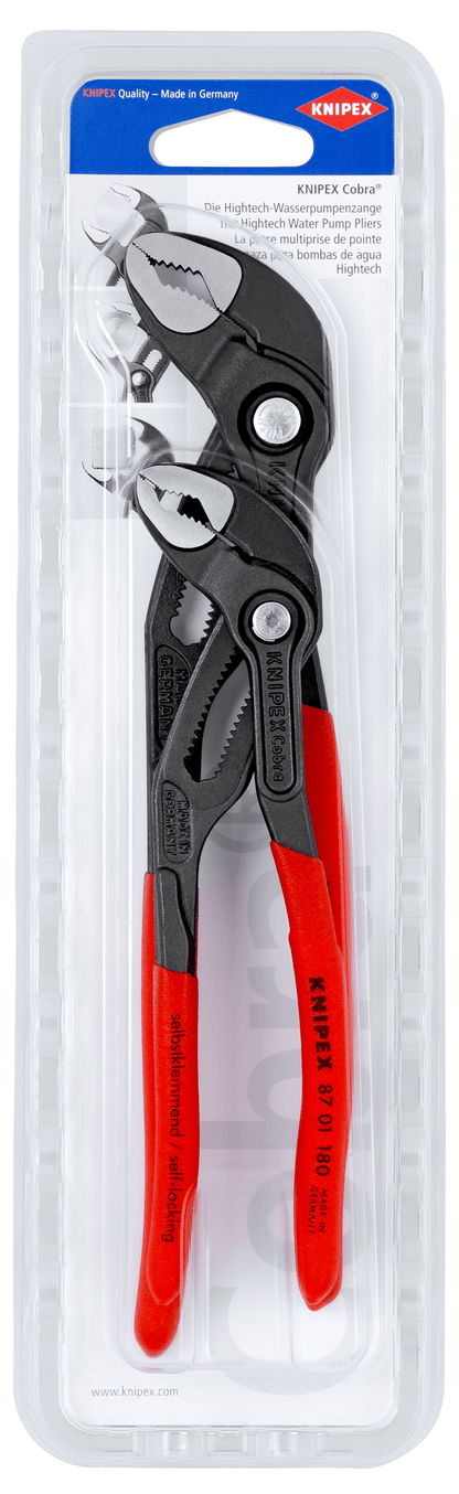 Knipex 2-piece water pump pliers set featuring 180 mm and 250 mm pliers for versatile use.