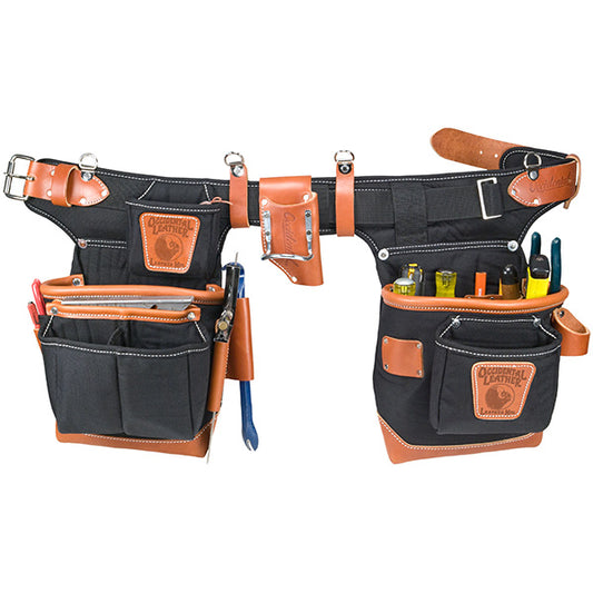 Comfortable production carpenter belt with FatLip Bag Design featured on Sigtools, showcasing ten-inch deep industrial nylon bags with leather-reinforced bottom and corners.