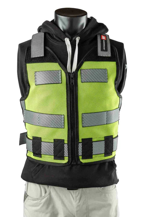 Front view of the Diamondback Hi Viz 701 Vest featuring 3M reflective strips and military-grade nylon mesh for ultimate visibility and durability in workplace environments.
