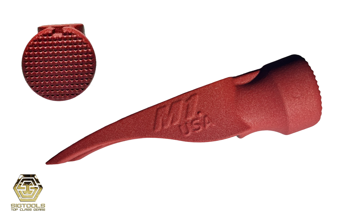 M1-15oz Martinez hammer head with Milled face and in colour Red, left Side view of the hammer head and showcase of the Milled face of the head