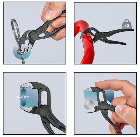 The powerful jaws of the Cobra XS gripping a large-diameter pipe, highlighting its 28mm capacity.