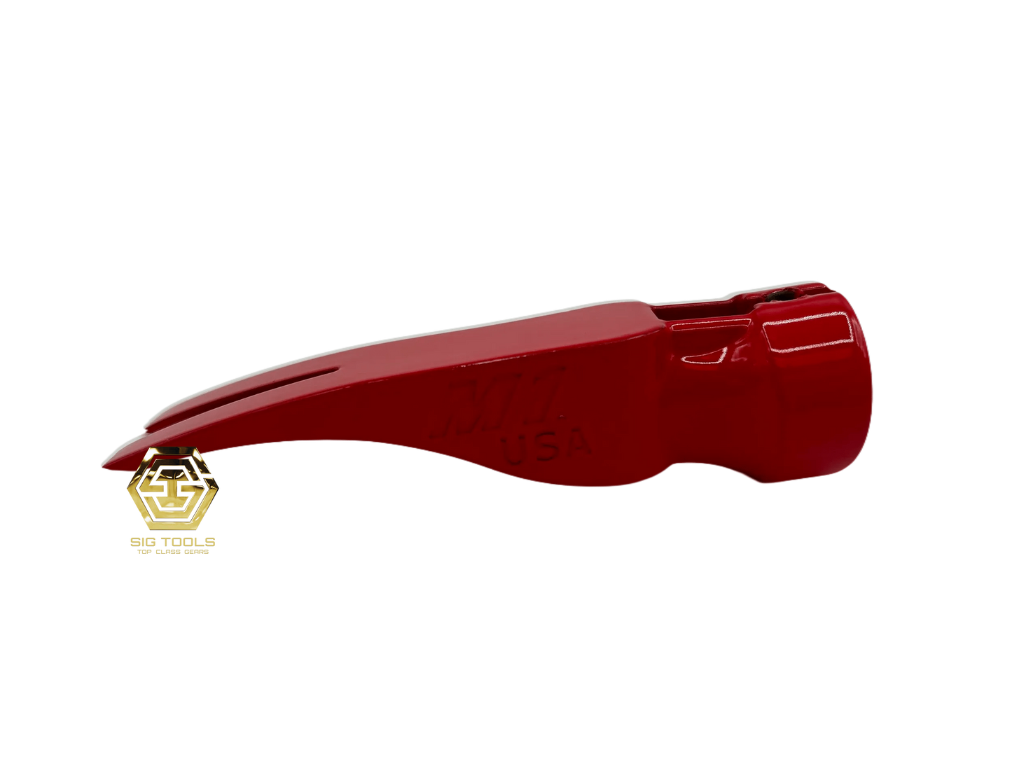 Heavy-duty red hammer head with optimized balance for tough framing tasks.