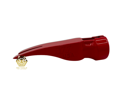 Heavy-duty red hammer head with optimized balance for tough framing tasks.