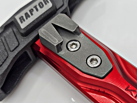 A Kinetic Customs Raptor Replaceable Side Nail Puller being installed onto an aluminium Raptor shaft.