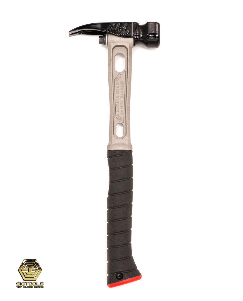 A right view of the 12-ounce hammer featuring a dimpled steel head finish and a titanium beige-colored handle, offering both durability and style in a versatile hammer tool