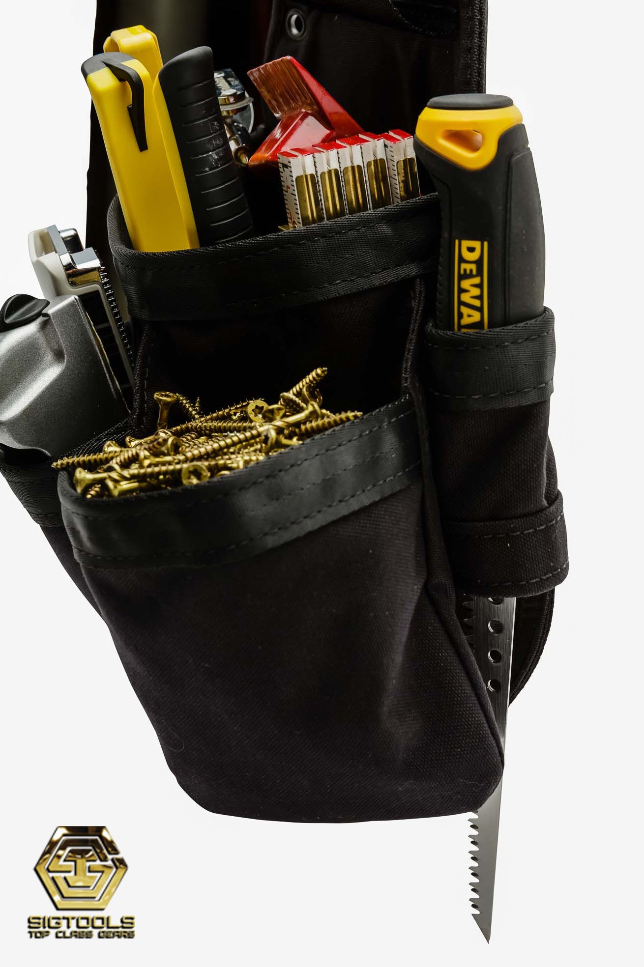 "Diamondback Axe Tool Pouch in Black - Loaded with Tools - Left Side Detail View"
