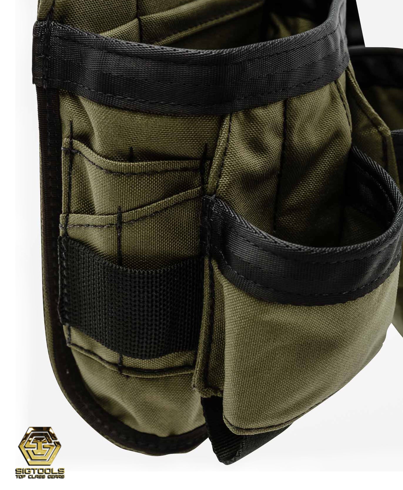 "Diamondback Axe Tool Pouch in Green - Left Hand Configuration - Side Detail View"