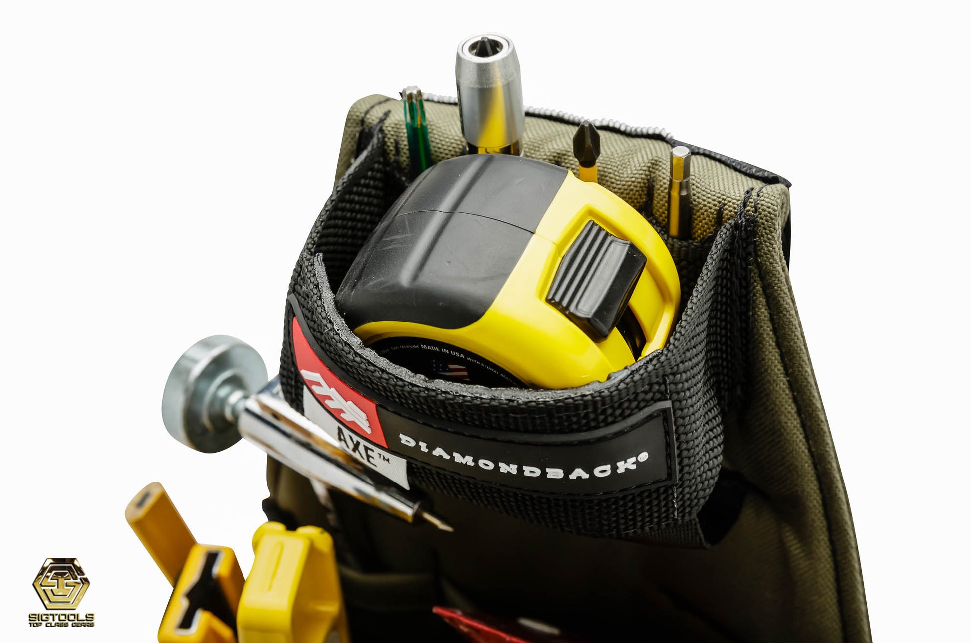 "Diamondback Axe Tool Pouch in Green - Left Hand Configuration - Top Detail View -tools loaded "