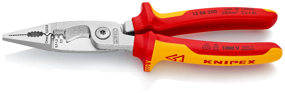 Durable electrical pliers with precision stripping and crimping features.