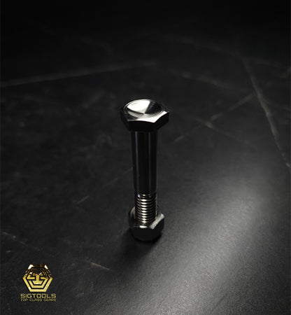 Full length view of a Martinez Hex (6-Point) Titanium Replacement Bolt and nut for M4 Ti-Heads.