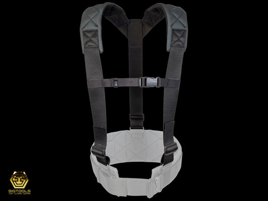 Front look of a pair of gunmetal-colored suspenders from the Badger brand, note that the belt is not included, designed to provide comfortable support and style while working.