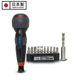 The Vessel 220USB-P11EB-S 3.6V rechargeable electric screwdriver with its included 10-piece torsion bit set.