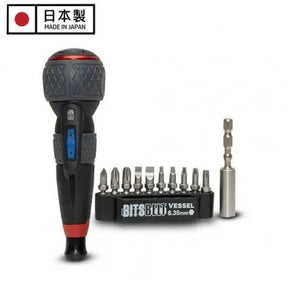 The Vessel 220USB-P11EB-S 3.6V rechargeable electric screwdriver with its included 10-piece torsion bit set.