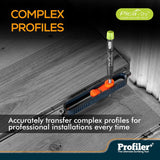 The Profiler+ Scribing Tool in action, perfectly tracing a curved profile onto flooring.