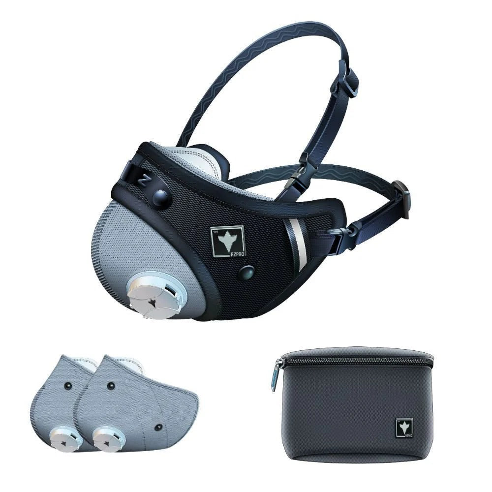 The complete RZ PRO FFP2 Mask kit, including the reusable mask shell, two FFP2 filters, and a storage bag.
