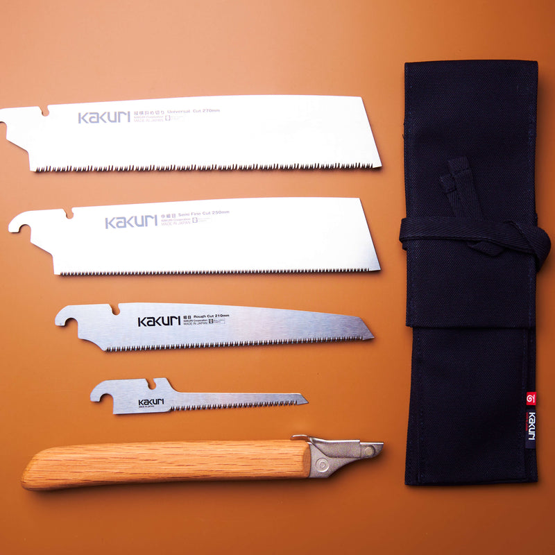 The four included Japanese pull saw blades: Universal 270mm, Semi Fine Cut, Rough Cut, and Keyhole Rough Cut.