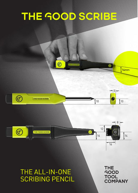 Close-up showing the 5 to 16mm precision offset references and the built-in high-visibility sharpener on The Good Scribe.