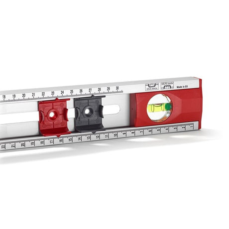 A close-up of the adjustable sliders and the center-zero graduated scale on the Hultafors Cordinat level.