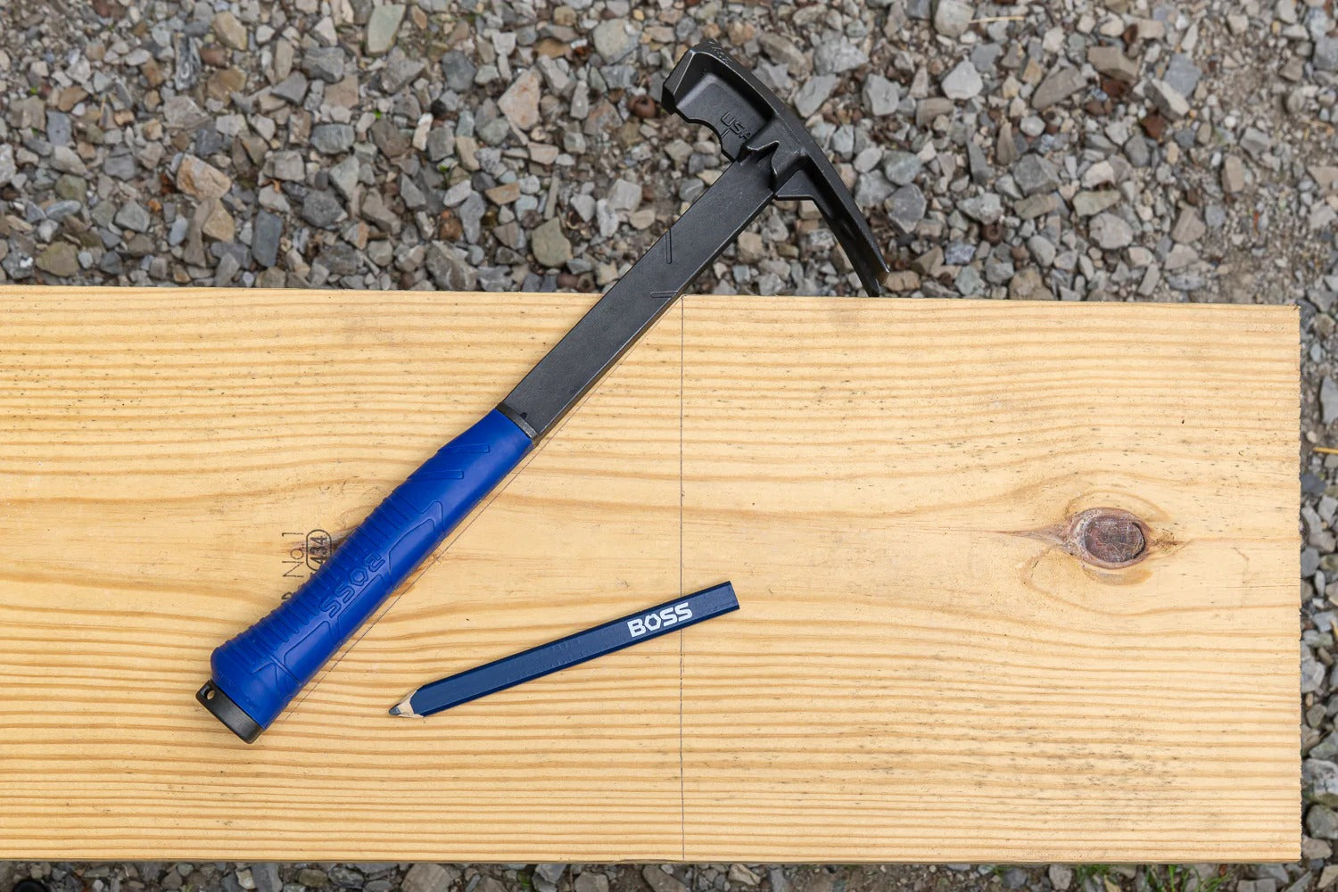 Close-up of the Boss Hammer Blue Collar head, showcasing the SQUARE ONE 45-degree marking feature and HEXFACE design.