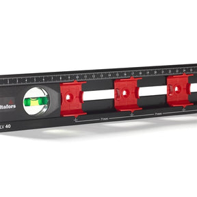 A close-up of the sliding markers on the Hultafors ELV 40, set at the standard 71mm spacing for a junction box.