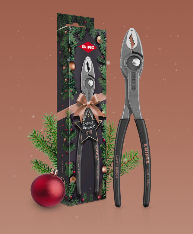 The KNIPEX TwinGrip Limited Edition (Xmas 2025) pliers, shown in its official festive gift packaging.