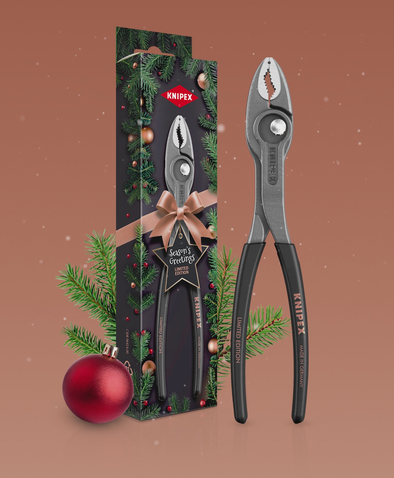 The KNIPEX TwinGrip Limited Edition (Xmas 2025) pliers, shown in its official festive gift packaging.