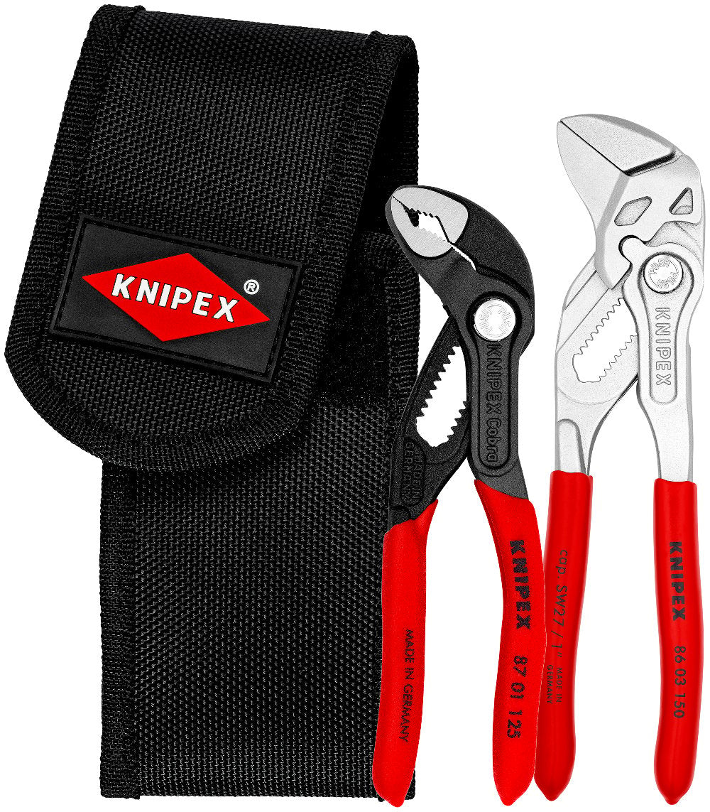 KNIPEX Mini Pliers Set with 86 03 150 Mini Pliers Wrench and 87 01 125 Cobra Water Pump Pliers in a belt tool pouch.