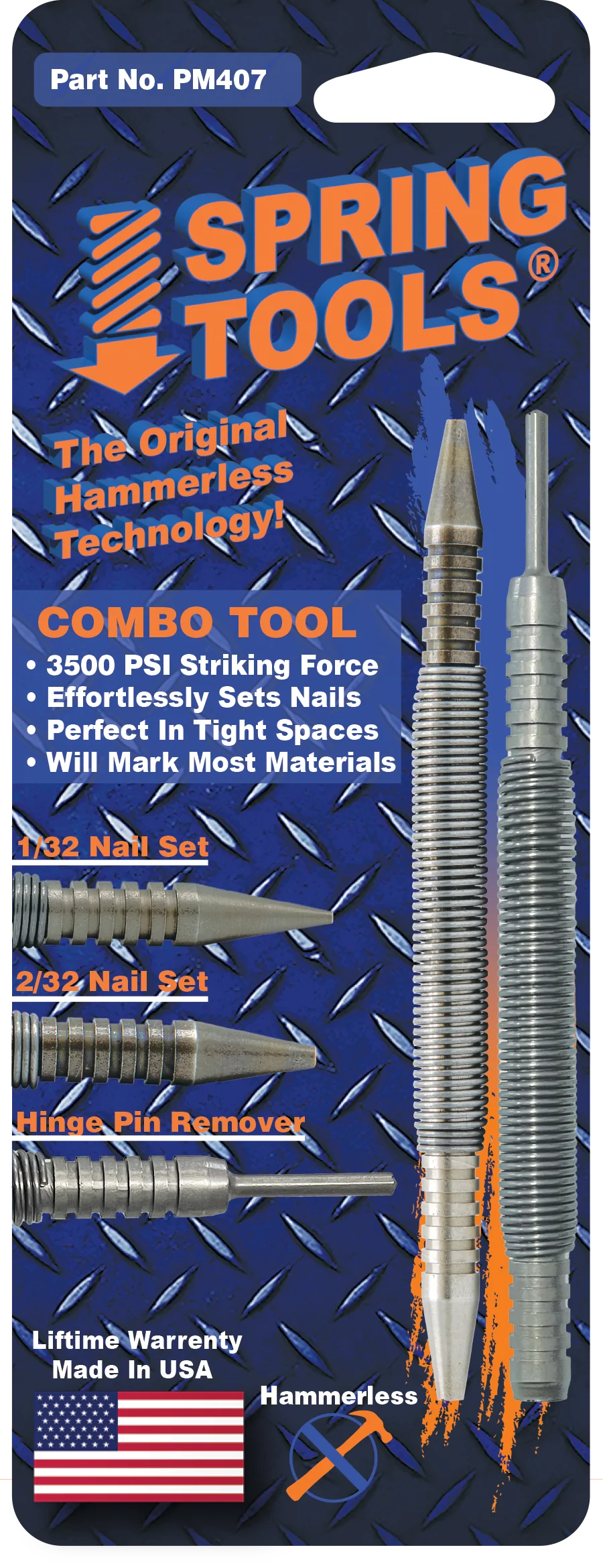 This PM407 tool set includes Nail Set Tool - 1/32" (#1) & 1/16" (#2) - 32R12-1 and Hammerless door pin removal tool - 48R24-1. 3500lbs of impact striking force at your finger tips!